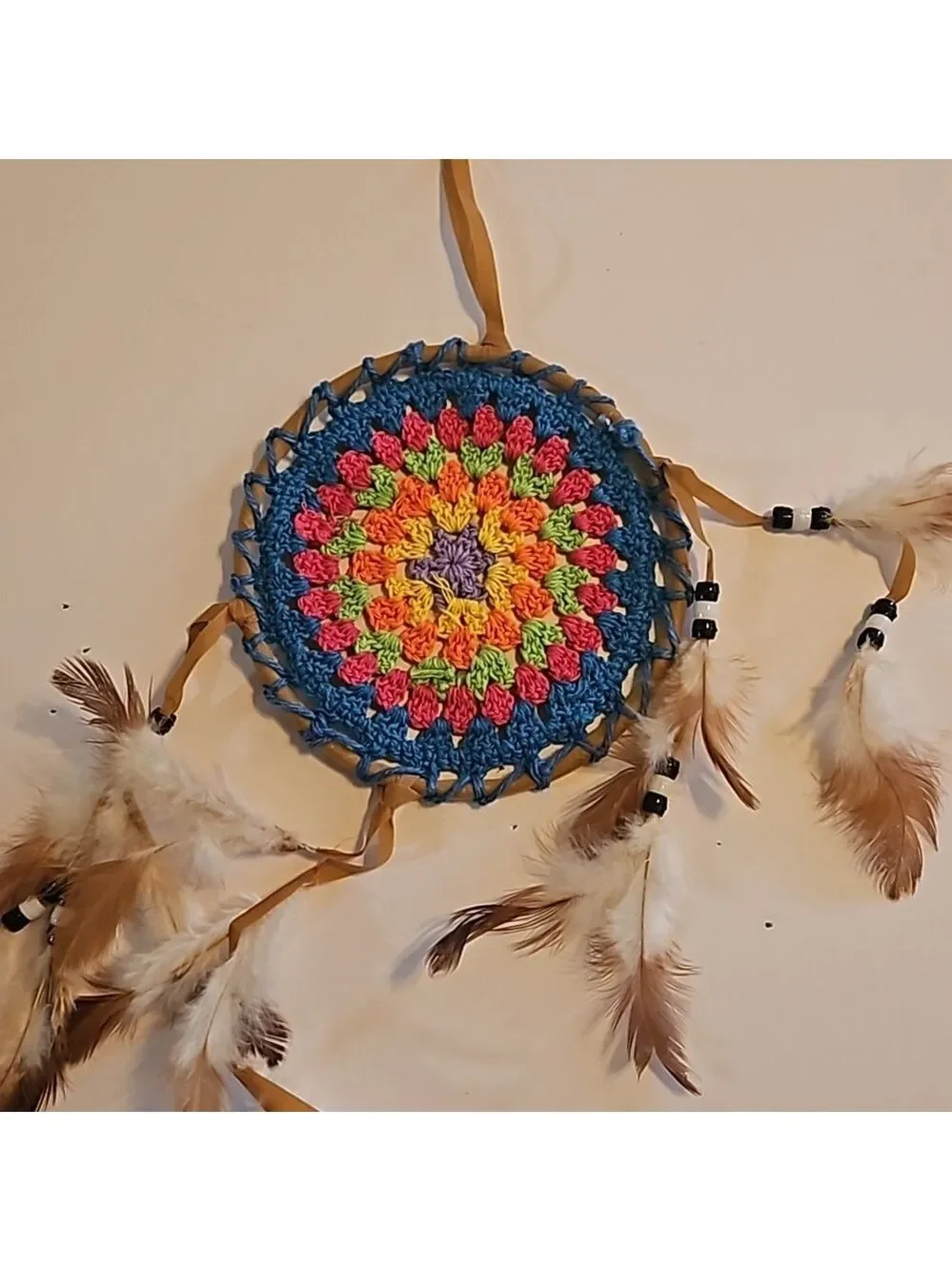 Hand Crafted crochet dreamcatcher multicolored floral eclectic textile decor
